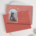 Celestial Coral Gold Photo Wedding Save The Date Vellum Invitations<br><div class="desc">Celestial Chic Coral Gold Photo Wedding Vellum Save The Dates Invitations features an gold sun, moon and stars frame on an elegant coral background. Inside is your favourite photo and your custom save the date information. Personalise by editing the text in the text boxes. Designed for you by ©Evco Studio...</div>