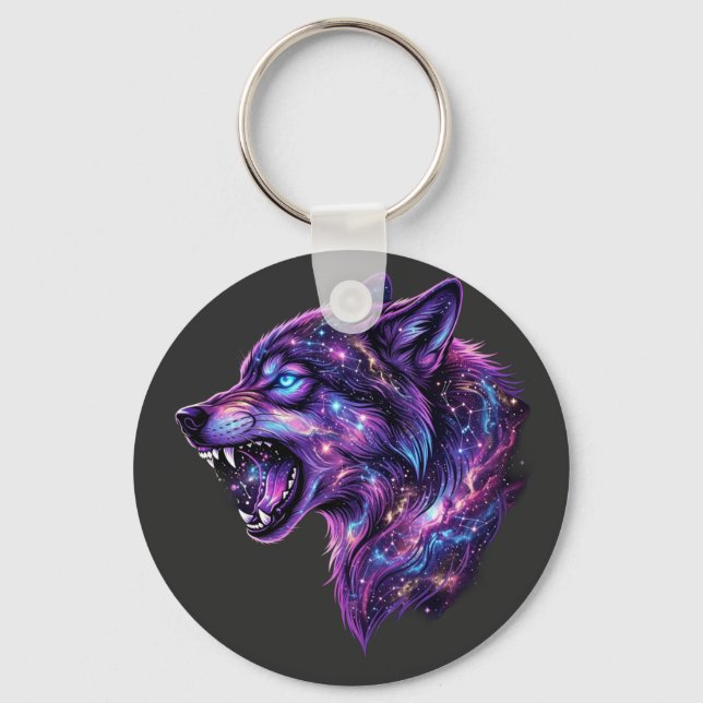 Celestial Cosmic Galaxy Wolf Roar Graphic T-Shirt Key Ring (Front)