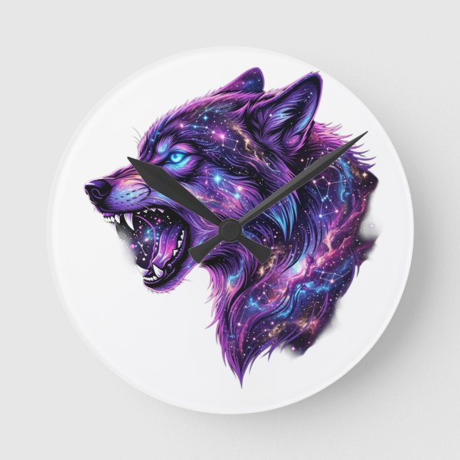 Celestial Cosmic Galaxy Wolf Roar Graphic T-Shirt Round Clock (Front)