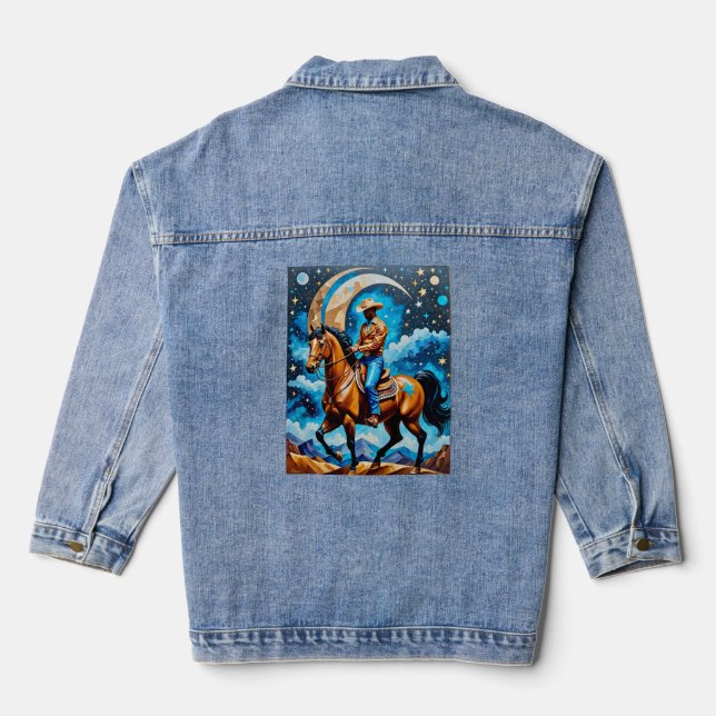 Celestial Cowboy Western Night Sky Horse Art Tee Denim Jacket (Back)