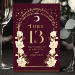 Celestial Cranberry Elegant Art Nouveau Wedding Table Number<br><div class="desc">Elevate your event with elegance! These Art Nouveau table cards feature golden arches, shimmering stars, and delicate white flowers set against a cranberry backdrop—a timeless design for weddings, dinners, or celebrations. Add a touch of vintage charm to your table decor today! Please note that the gold on this product is...</div>
