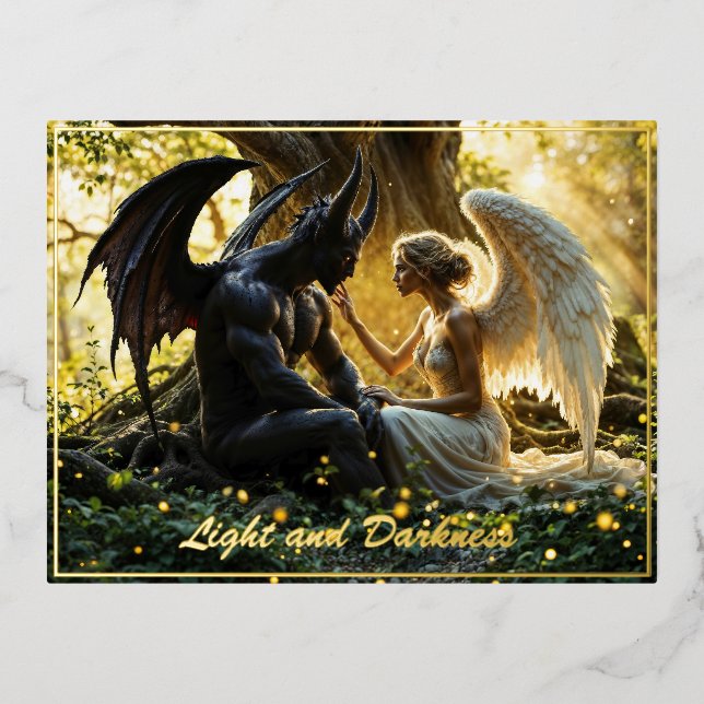 Celestial creatures angel demon fantasy foil holiday postcard (Front)