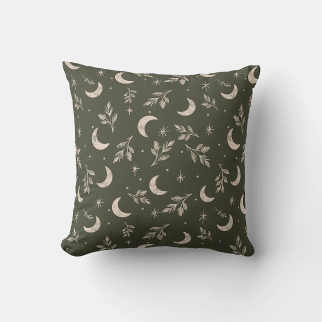 Celestial Crescent & Botanical Foliage Cushion (Front)