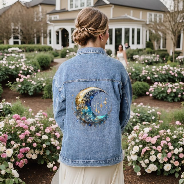 Celestial crescent moon blue gold wiccan chic denim jacket (Wedding Back)