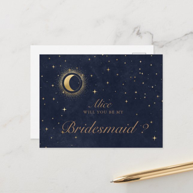 Celestial Crescent Moon Bridesmaid Invitation Postcard (Front/Back In Situ)