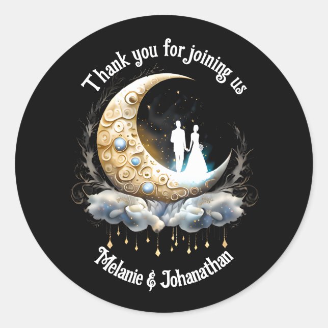 Celestial crescent moon couple silhouette starry  classic round sticker (Front)