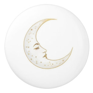 Celestial Crescent Moon Face Gold Silver White Ceramic Knob