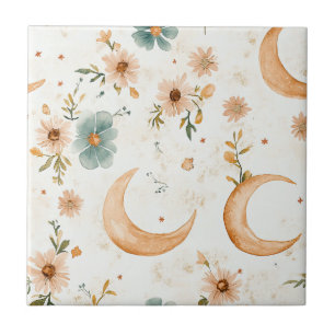 Celestial Crescent Moon Floral Gold Glitter Tile