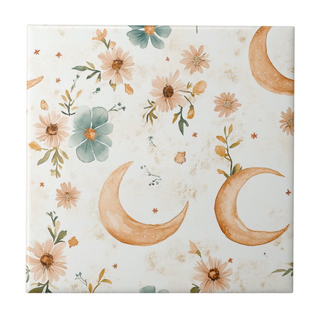 Celestial Crescent Moon Floral Gold Glitter Tile (Front)