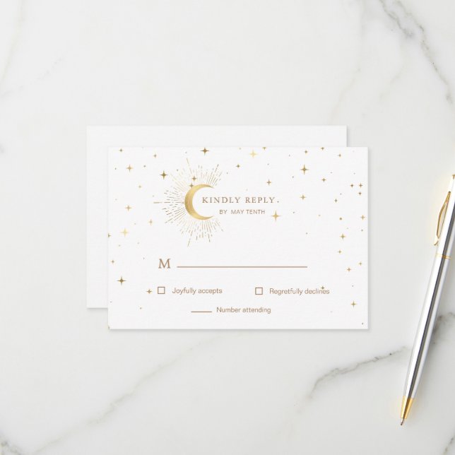 Celestial Crescent Moon Gold RSVP Response Card (Front/Back In Situ)
