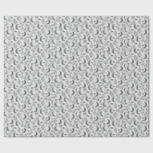 Celestial Crescent Moon Moths Navy Botanical Wrapping Paper
