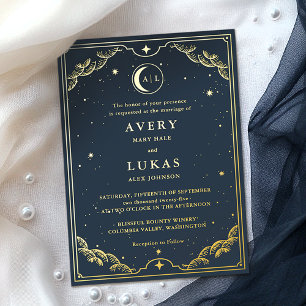 Celestial Crescent Moon Navy Blue Wedding Gold