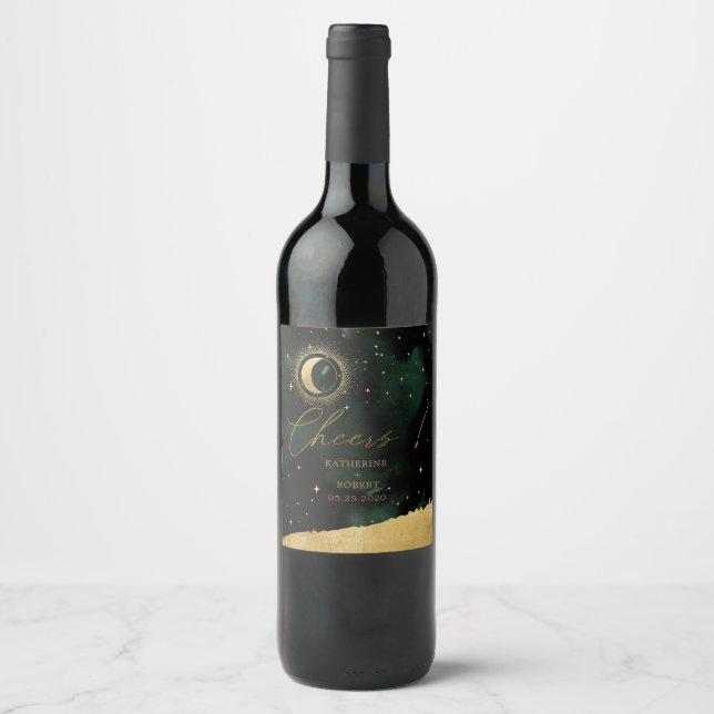 Celestial Crescent Moon Wedding Wine Label Set (Front)