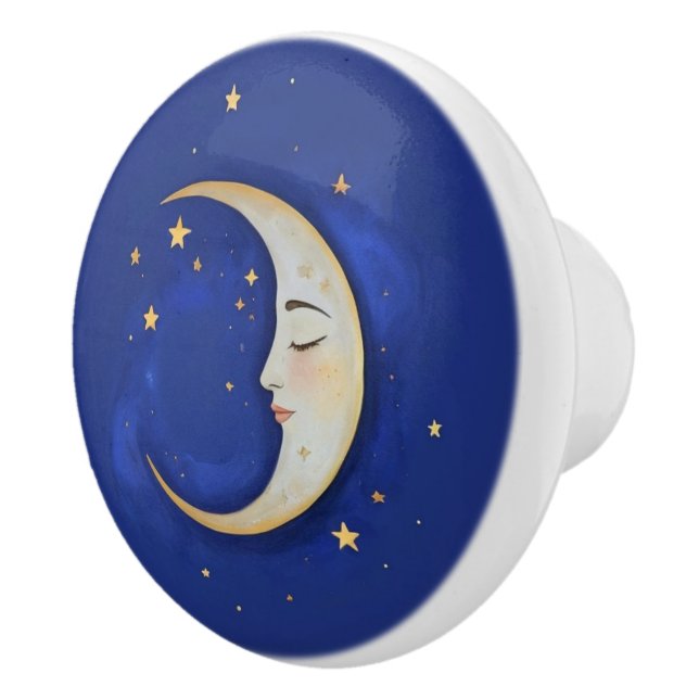 Celestial Crescent Moon with Face Gold Dark Blue Ceramic Knob (Right)