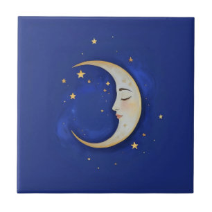 Celestial Crescent Moon with Face Gold Dark Blue Tile