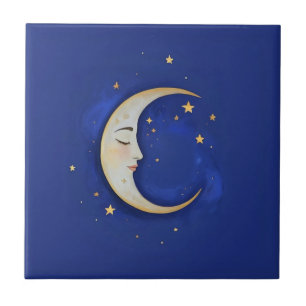 Celestial Crescent Moon with Face Gold Dark Blue Tile