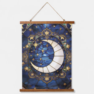 Celestial Crescent Ornate Stained-Glass Moon Hanging Tapestry