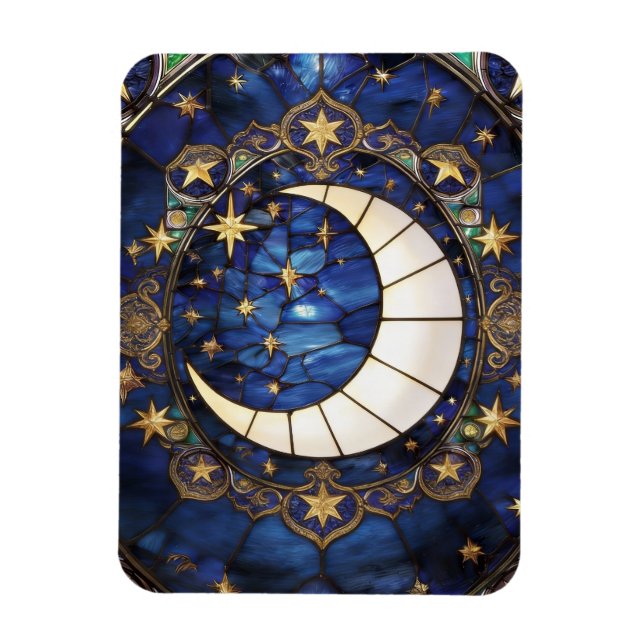 Celestial Crescent Ornate Stained-Glass Moon Magnet (Vertical)