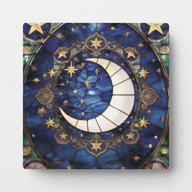 Celestial Crescent Ornate Stained-Glass Moon Plaque (Front)