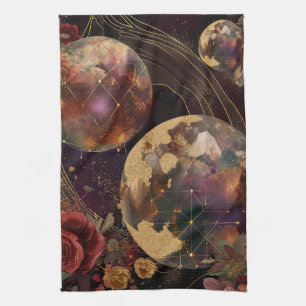 Celestial Crystal World Gold Purple Galaxy Tea Towel