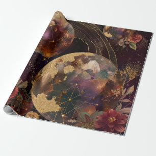Celestial Crystal World Gold Purple Galaxy Wrapping Paper