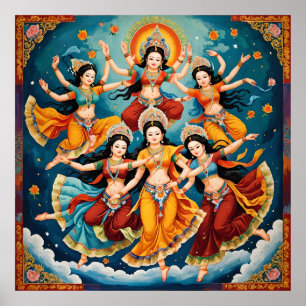 Celestial Dancers Procession - Thangka & Kalamkari Poster
