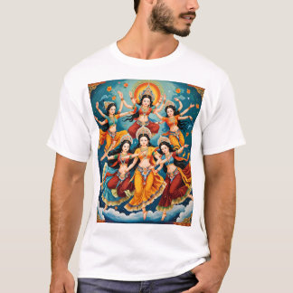 Celestial Dancers Procession - Thangka & Kalamkari T-Shirt