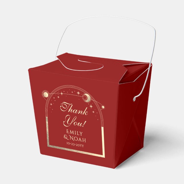 Celestial Dark Red Gold Sun Moon Stars Wedding Favour Box (Front Side)