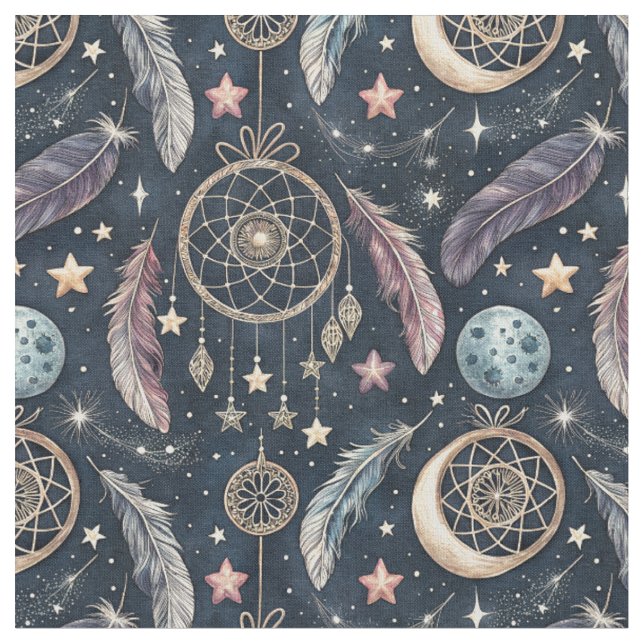 Celestial Dreamcatcher & Starry Night Art Pattern Fabric (Close Up)