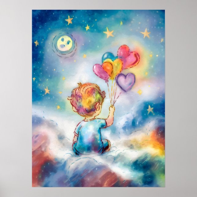 Celestial Dreams - Boy with Heart Balloons  Poster (Front)