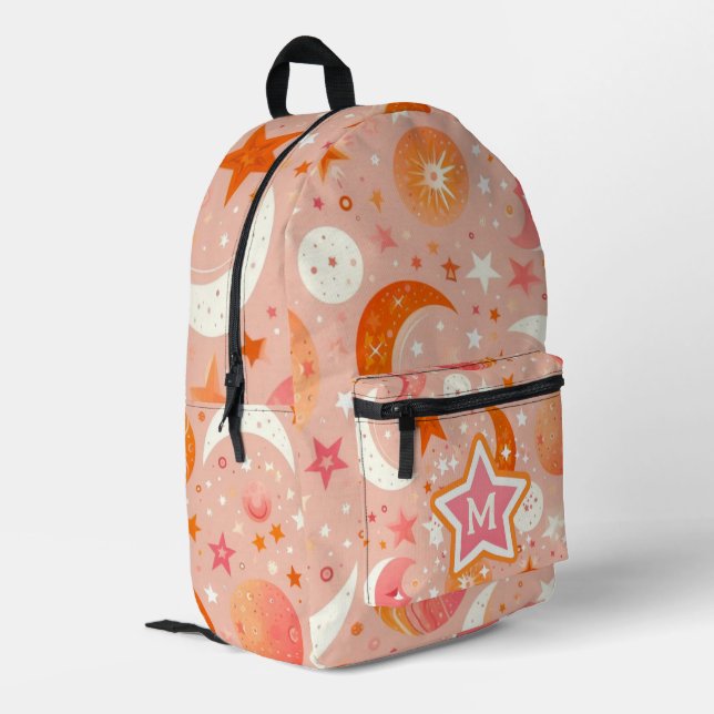 Celestial Dreams Orange and Pink Monogram Printed Backpack (Back Corner Left)