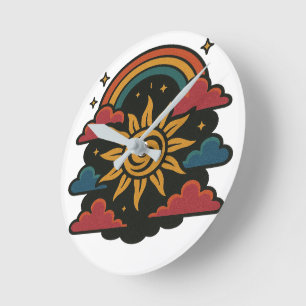 Celestial Dreams – Retro Sun & Rainbow Tarot Art Round Clock