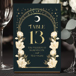 Celestial Elegant Arch Art Nouveau Wedding Table Number<br><div class="desc">Elevate your event with elegance! These Art Nouveau table cards feature golden arches, shimmering stars, and delicate white flowers set against a deep blue backdrop—a timeless design for weddings, dinners, or celebrations. Add a touch of vintage charm to your table decor today! Please note that the gold on this product...</div>