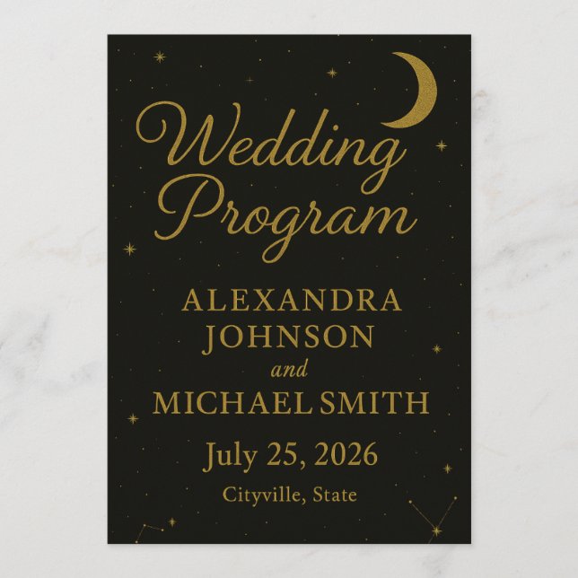 Celestial Elegant Black & Gold Wedding Program Programme (Front)
