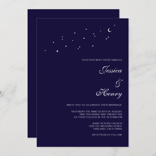 Celestial Elegant Script Midnight Blue Wedding  Invitation (Front/Back)
