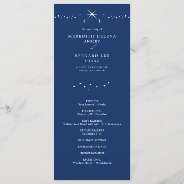 Celestial Elegant Stars Navy Blue Wedding Flat Programme (Front)