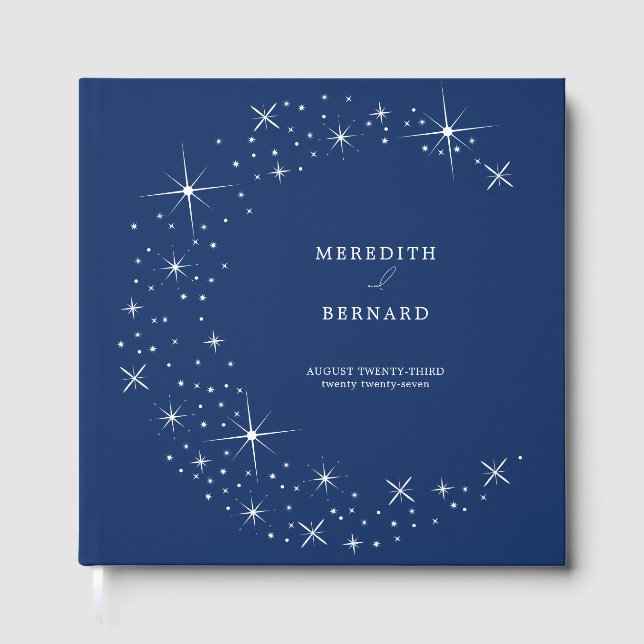 Celestial Elegant Wedding Moon Navy Blue Monogram Guest Book (Front)