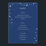 Celestial Elegant Wedding Simple Navy Blue Menu<br><div class="desc">Invite your guests to a night of romance and starlight with this celestial elegant wedding simple navy blue menu from the Celestial Elegant Wedding Collection. Featuring a deep navy blue background adorned with twinkling stars and refined typography, this modern celestial design is perfect for couples who love a minimalist yet...</div>