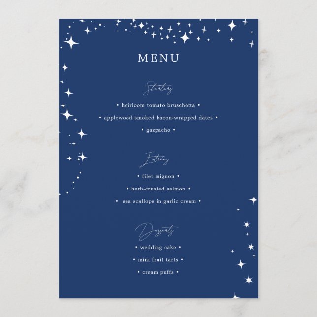Celestial Elegant Wedding Simple Navy Blue Menu (Front)