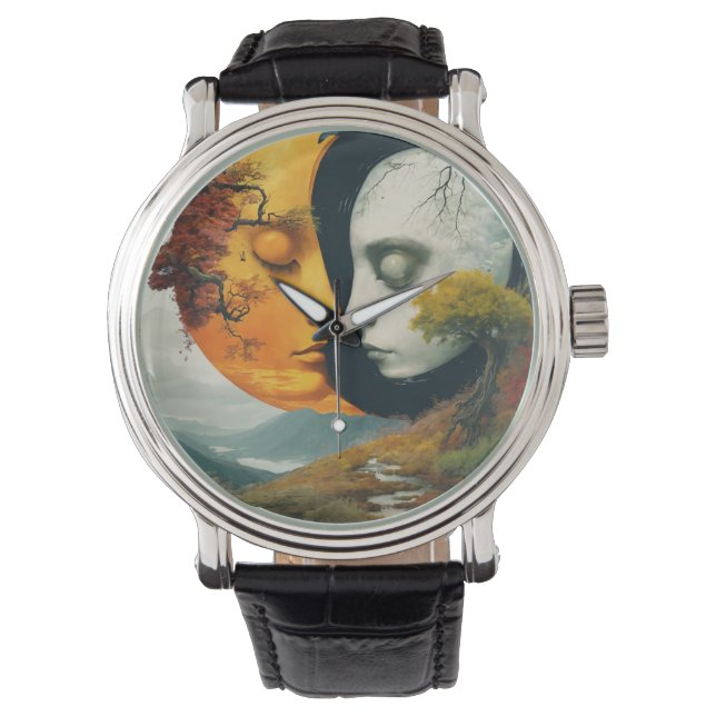 "Celestial Embrace: Sun & Moon Wrist Watch" Watch (Front)