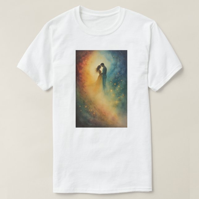 Celestial Embrace Watercolor Art, Couple T-Shirt (Design Front)