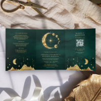 Celestial Emerald Gold Crescent Moon Phase Wedding