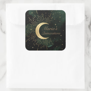 Celestial Emerald Gold Moon Quinceañera Square Sticker