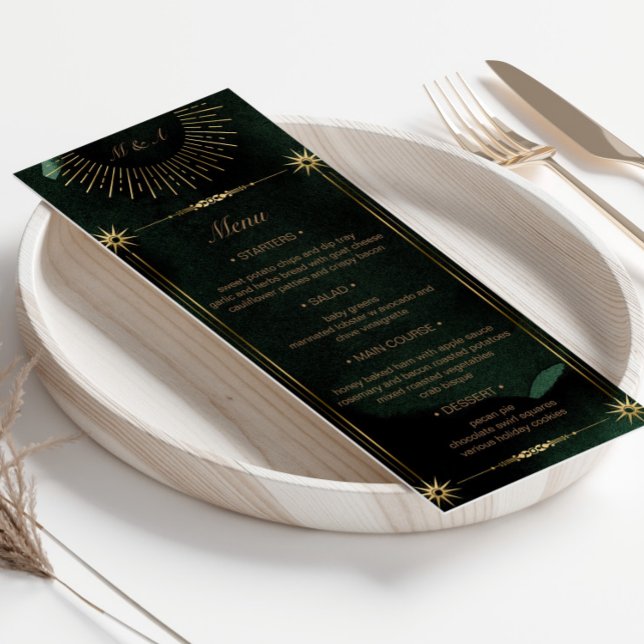 Celestial Emerald Gold Moon Wedding Menu Card (Creator Uploaded)