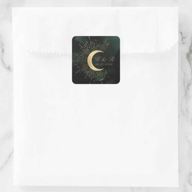 Celestial Emerald Gold Moon Wedding Square Sticker (Bag)