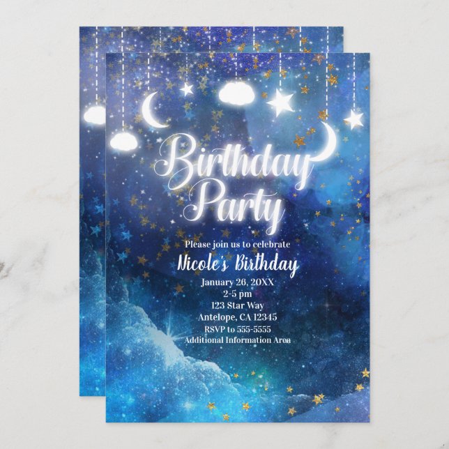 Celestial Fantasy Gold Stars & Glow Birthday Party Invitation (Front/Back)
