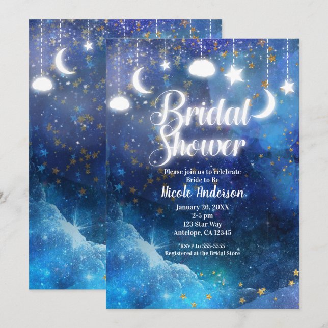 Celestial Fantasy Gold Stars & Glow Bridal Shower Invitation (Front/Back)