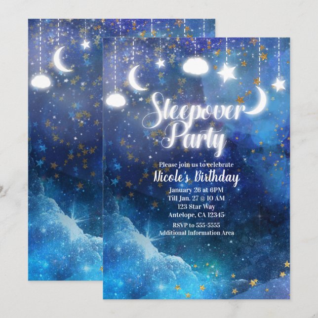 Celestial Fantasy Gold Stars Glow Sleepover Party Invitation (Front/Back)