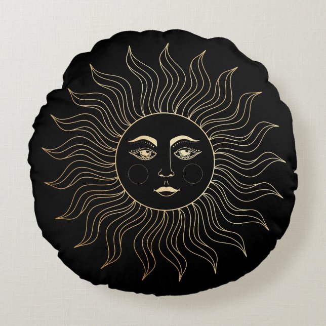 Celestial Faux Gold Sun Vintage Black Round Cushion (Front)