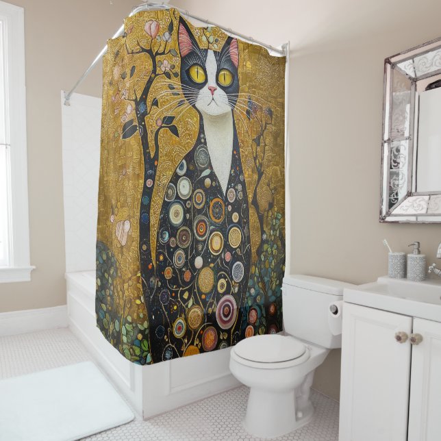 Celestial Feline in Gold Shower Curtain (In Situ)